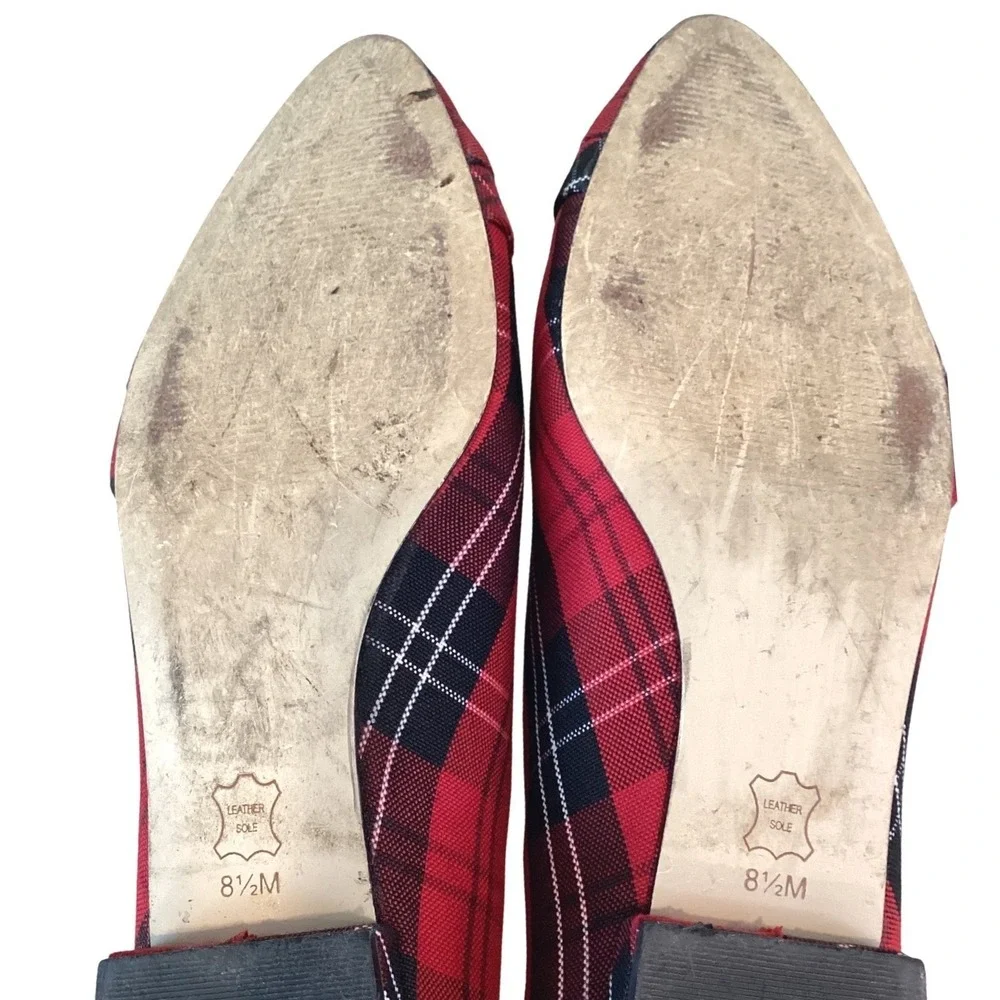 Talbots Edison Pleated Holiday Plaid‎ Pointed Toe Bow Flats Slip On Block - 8.5